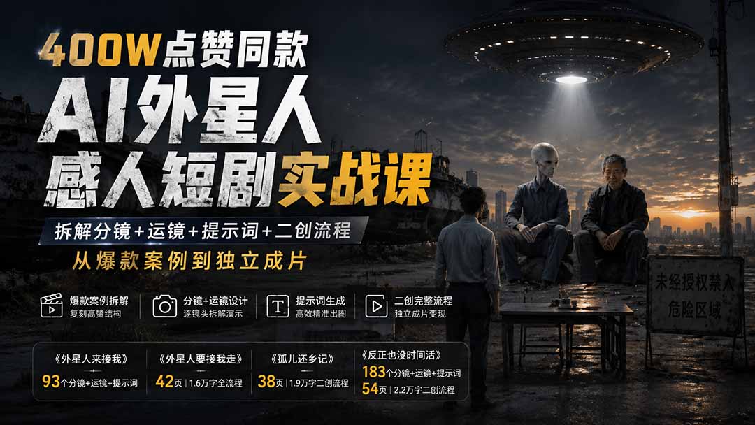 400W点赞同款AI外星人感人短剧实战课:拆解分镜+运镜+提示词+二创流程,从爆款案例到独立成片-娜娜项目网