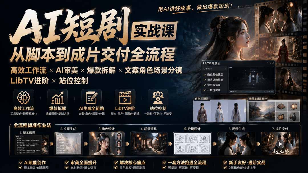 AI短剧实战课:高效工作流×AI审美×爆款拆解×文案角色场景分镜×LibTV进阶×站位控制×从脚本到成片交付全流程-娜娜项目网
