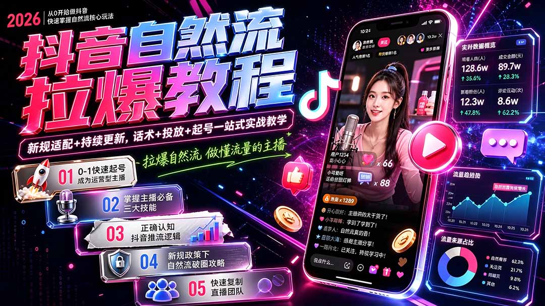 抖音自然流拉爆教程-更新7月:做懂流量的主播,新规适配+持续更新,话术+投放+起号一站式实战教学-娜娜项目网
