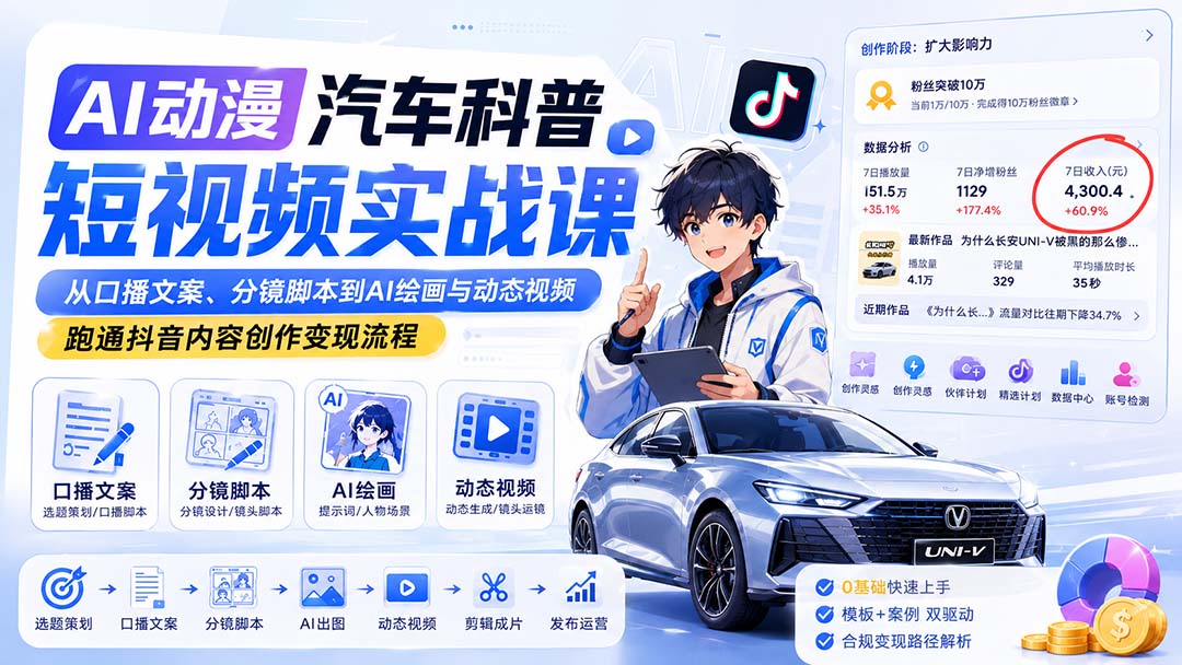 AI动漫汽车科普短视频实战课:从口播文案、分镜脚本到AI绘画与动态视频,跑通抖音内容创作变现流程-娜娜项目网