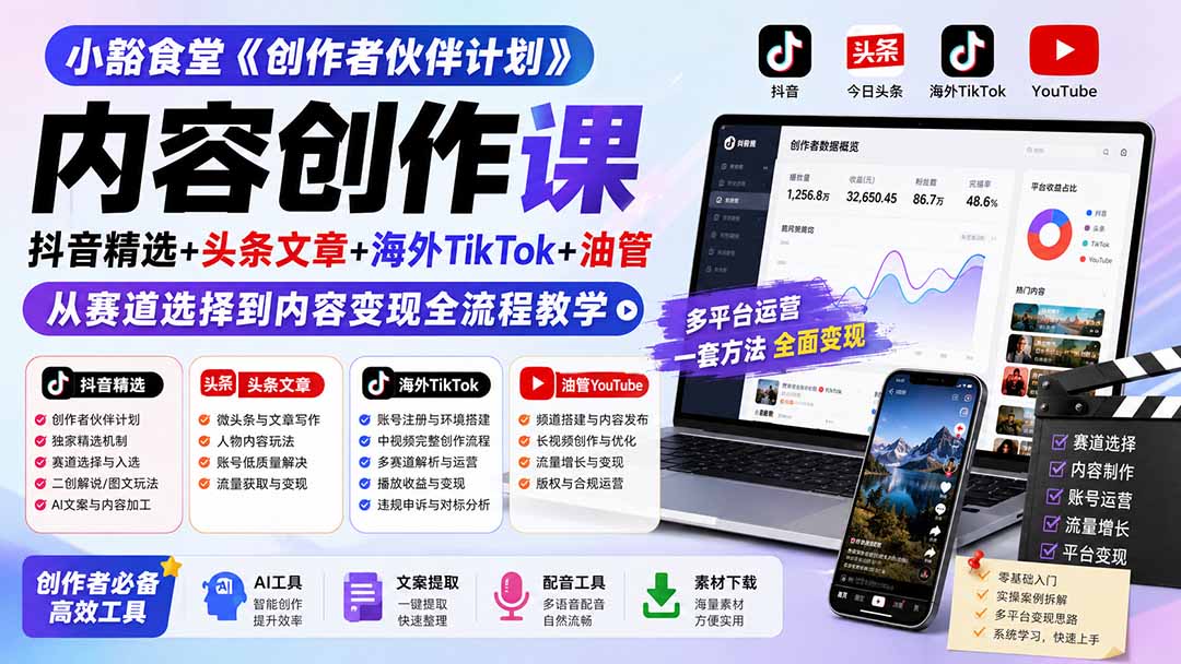 小豁食堂《创作者伙伴计划》内容创作课:抖音精选+头条文章+海外TikTok+油管,从赛道选择到内容变现全流程教学-娜娜项目网