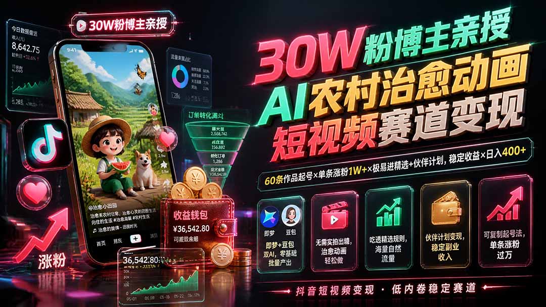 30W粉博主亲授AI农村治愈动画短视频赛道变现：60条作品起号×单条涨粉1W+×极易进精选+伙伴计划，稳定收益×日入400+-娜娜项目网