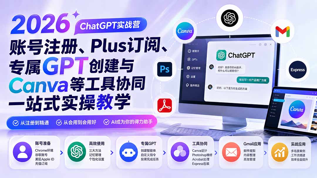 2026 ChatGPT实战营;账号注册、Plus订阅、专属GPT创建与Canva等工具协同一站式实操教学-娜娜项目网