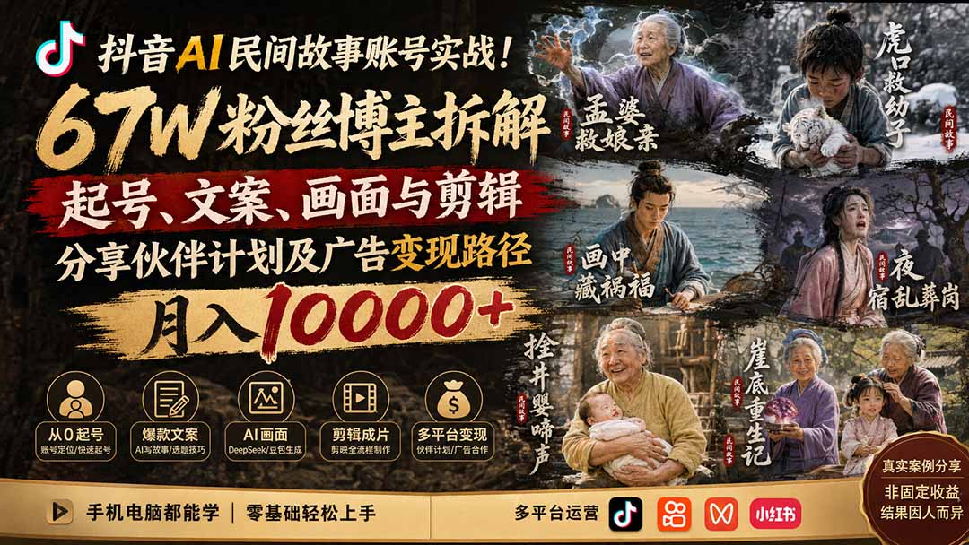 抖音AI民间故事账号实战!67W粉丝博主拆解起号、文案、画面与剪辑,分享伙伴计划及广告变现路径,月入10000+-娜娜项目网