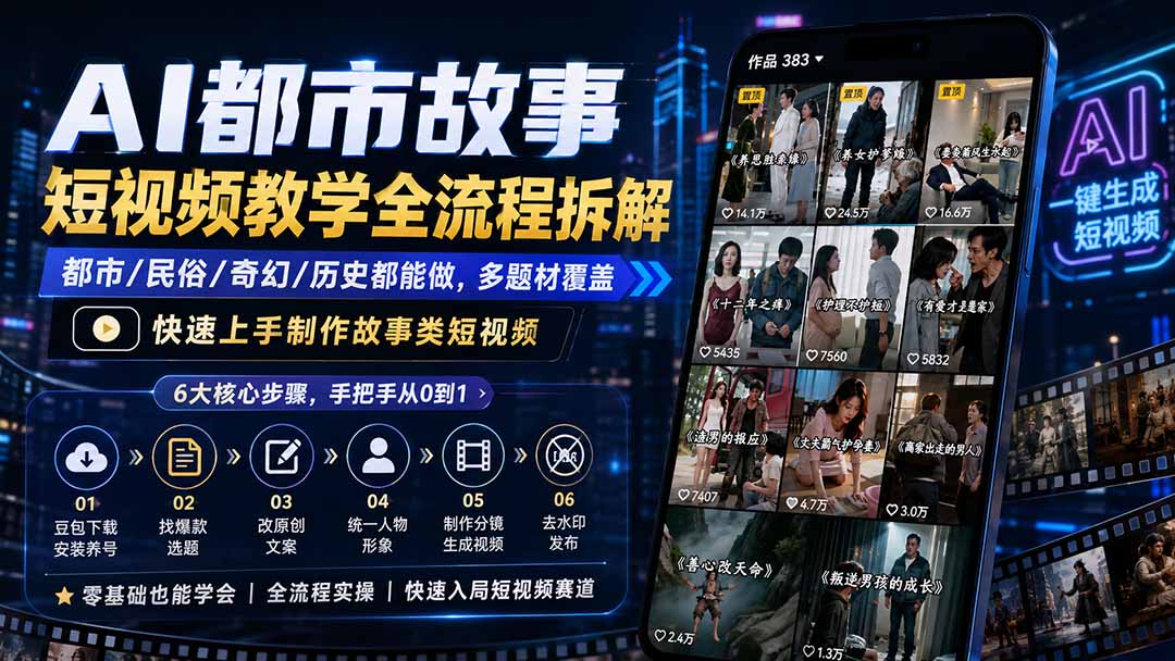 AI都市故事短视频教学全流程拆解；都市/民俗/奇幻/历史都能做多题材覆盖，快速上手制作故事类短视频-娜娜项目网