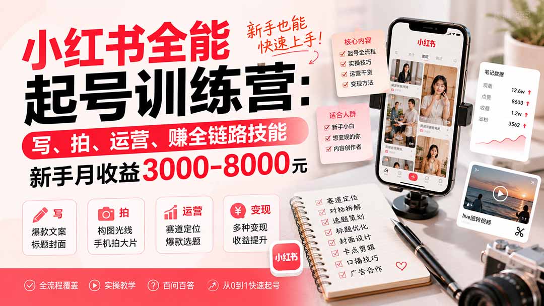 小红书全能起号训练营-更新:写、拍、运营、赚全链路技能,新手月收益3000-8000元-娜娜项目网