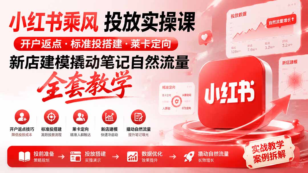 小红书乘风投放-100分钟实操课|开户返点·标准投搭建·莱卡定向,新店建模撬动笔记自然流量全套教学-娜娜项目网