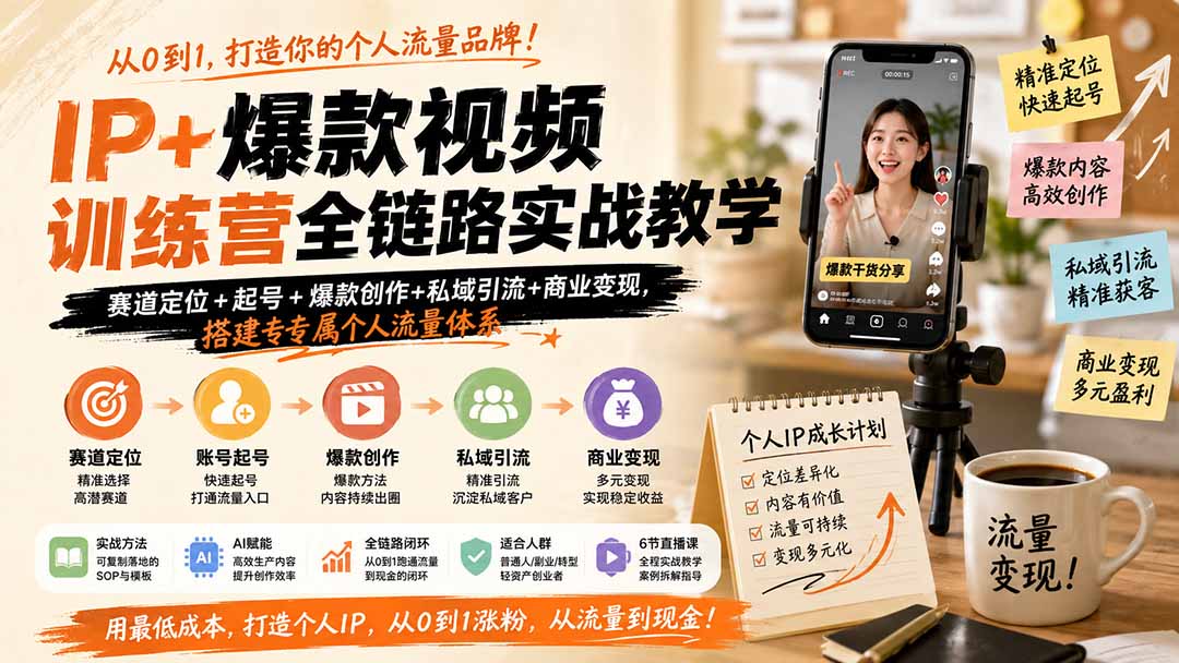 IP+爆款视频训练营全链路实战教学;赛道定位+起号+爆款创作+私域引流+商业变现,搭建专属个人流量体系-娜娜项目网