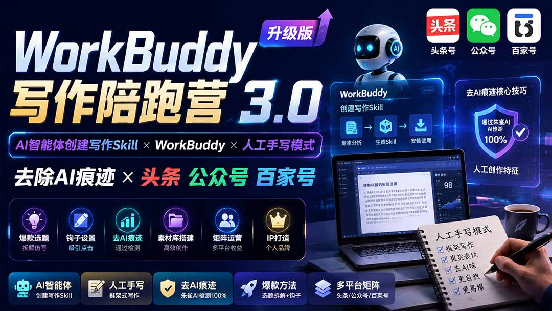 WorkBuddy写作陪跑营3.0-更新:Ai智能体创建写作Skill×WorkBuddy×人工手写模式×去除AI痕迹×头条公众号百家号-娜娜项目网
