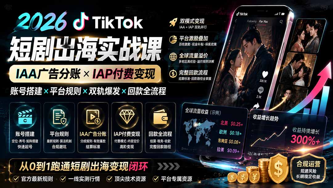 2026TikTok短剧出海实战课:IAA广告分账×IAP付费变现×账号搭建×平台规则×双轨爆发×回款全流程-娜娜项目网