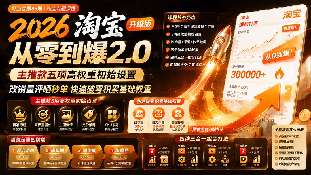 2026淘宝从零到爆2.0第85期;主推款五项高权重初始设置,改销量评晒秒单快速破零积累基础权重-娜娜项目网