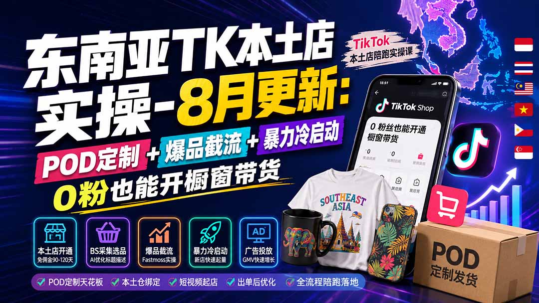 东南亚TK本土店实操-8月更新:POD定制+爆品截流+暴力冷启动,0粉也能开橱窗带货-娜娜项目网