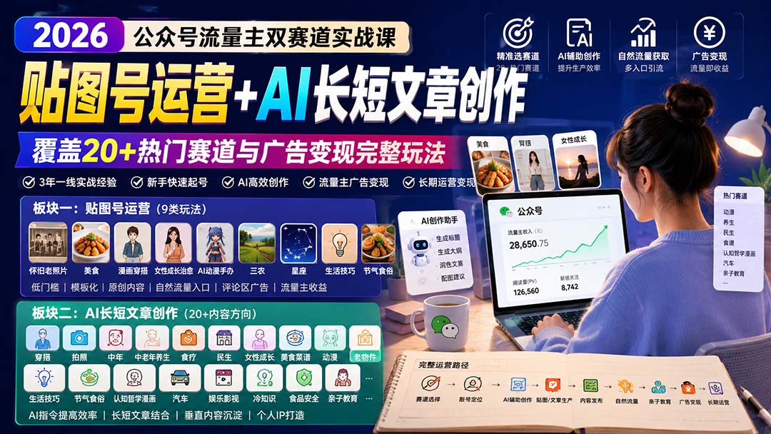 公众号流量主双赛道实战课：贴图号运营+AI长短文章创作，覆盖20+热门赛道与广告变现完整玩法-娜娜项目网