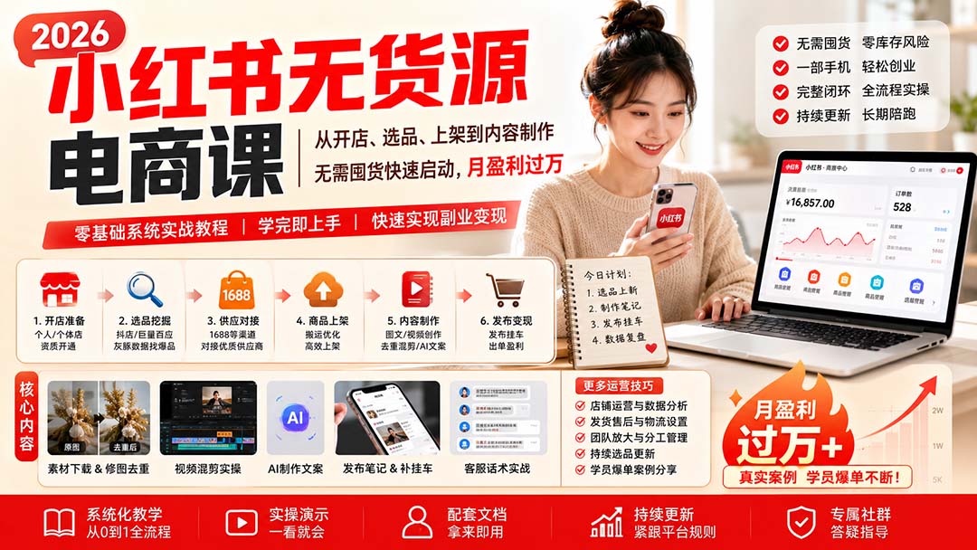 小红书无货源电商课(8月30更新)：从开店、选品、上架到内容制作，无需囤货快速启动，月盈利过万-娜娜项目网