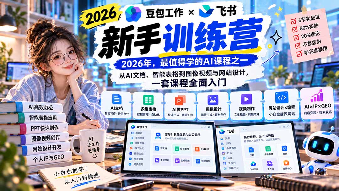 2026豆包工作+飞书新手训练营-9月新课：从AI文档、智能表格到图像视频与网站设计，一套课程全面入门-娜娜项目网