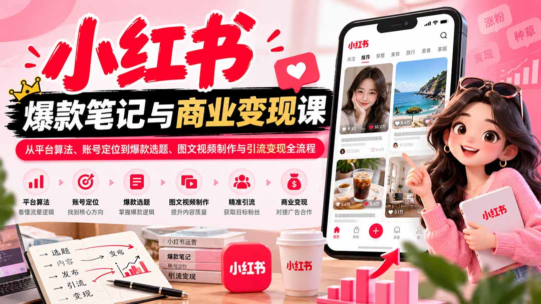 2026小红书爆款笔记与商业变现课:从平台算法、账号定位到爆款选题、图文视频制作与引流变现全流程-娜娜项目网