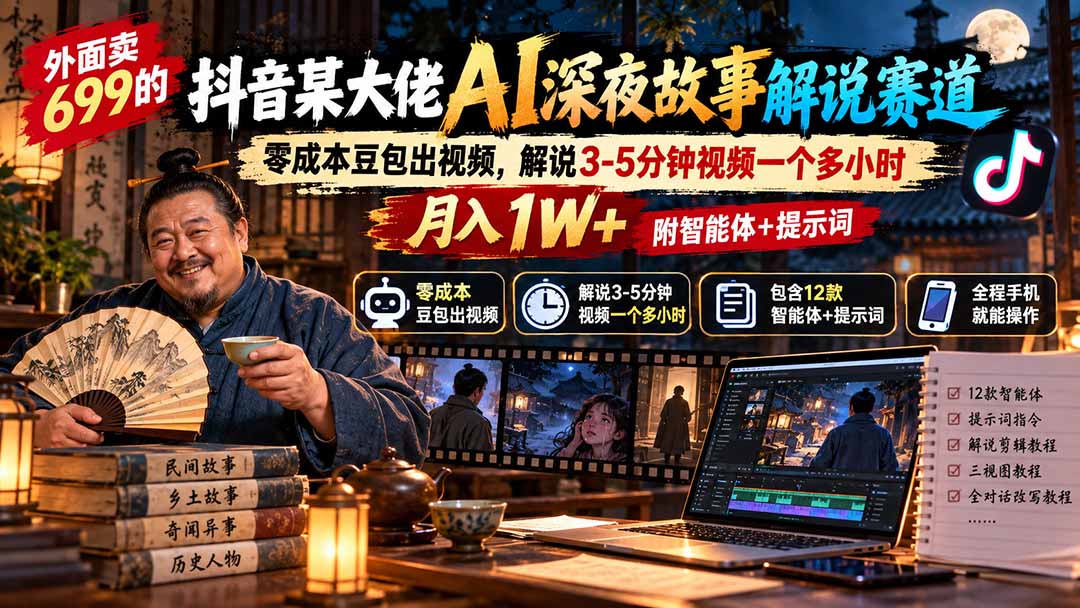 外面卖699的抖音某大佬AI深夜故事解说赛道：零成本豆包出视频，解说3-5分钟视频一个多小时，月入1W+附智能体+提示词-娜娜项目网