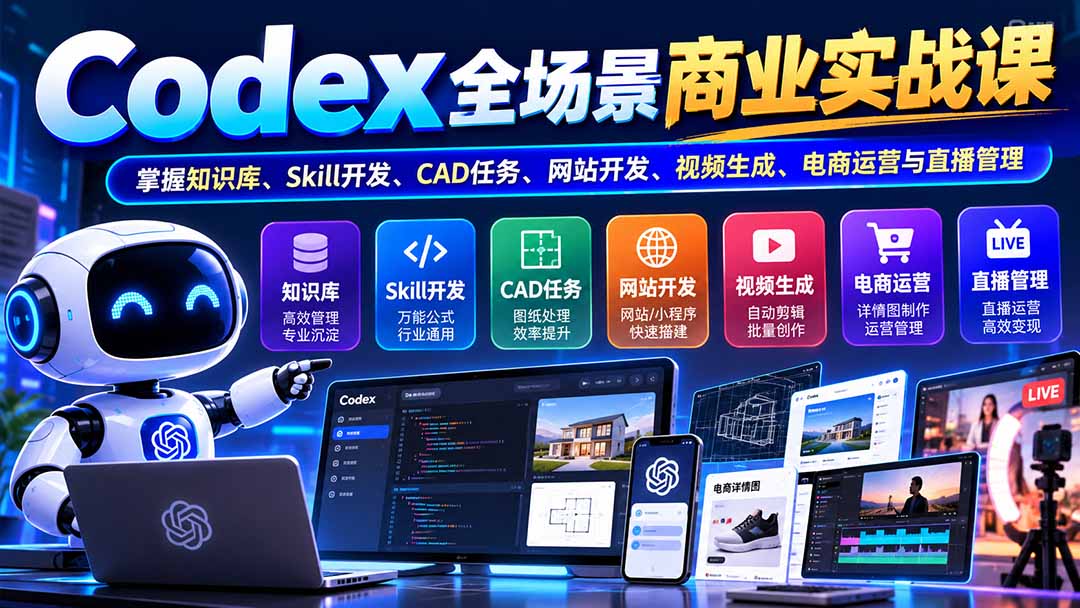 【无水印】Codex全场景商业实战课:掌握知识库、Skill开发、CAD任务、网站开发、视频生成、电商运营与直播管理-娜娜项目网