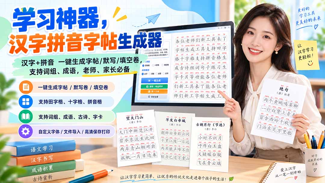 学习神器,汉字拼音字帖生成器,汉字+拼音 一键生成字帖/默写/填空卷,支持词组、成语,老师、家长必备-娜娜项目网