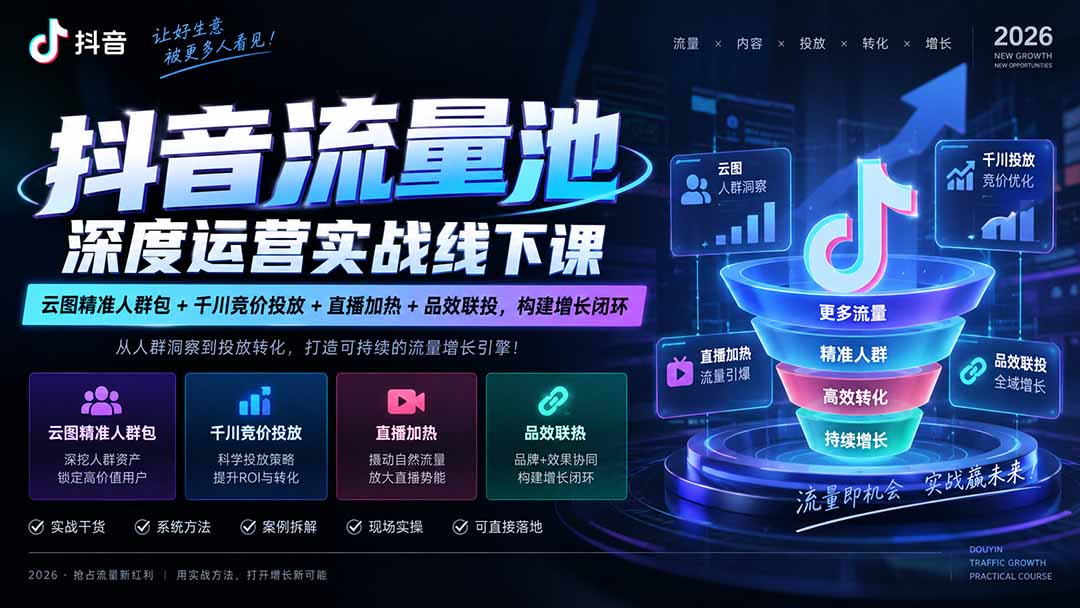 抖音流量池深度运营实战线下课|云图精准人群包+千川竞价投放+直播加热+品效联投,构建增长闭环-娜娜项目网