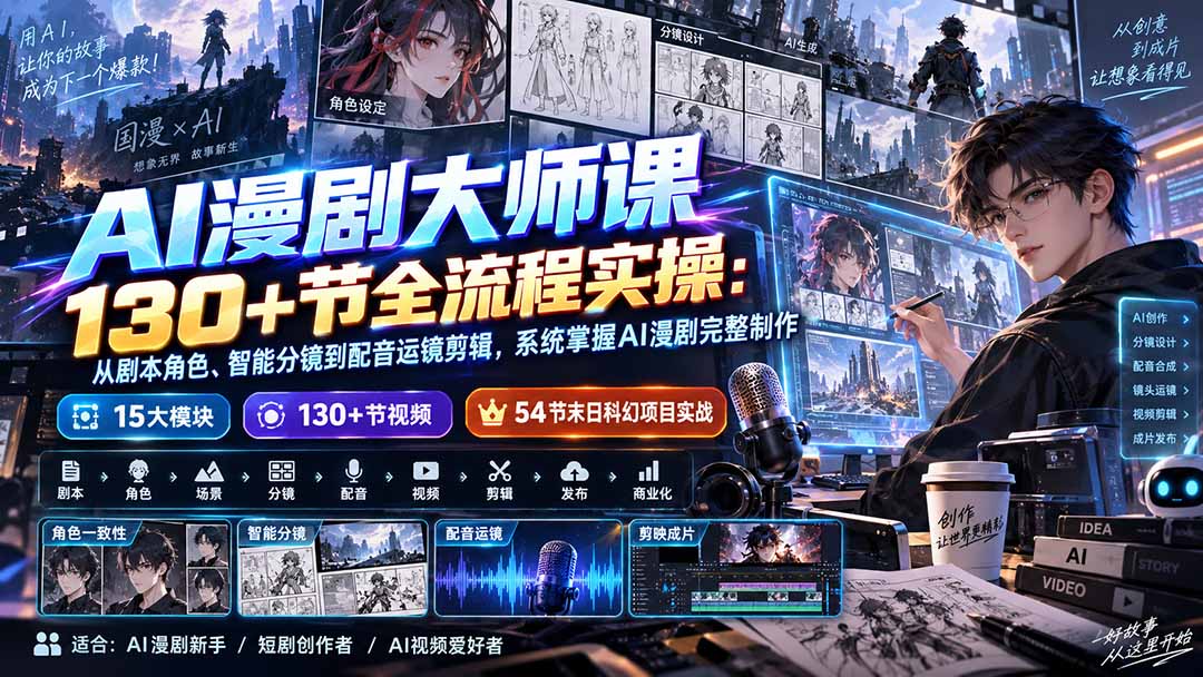 AI漫剧大师课130+节全流程实操:从剧本角色、智能分镜到配音运镜剪辑,系统掌握AI漫剧完整制作-娜娜项目网