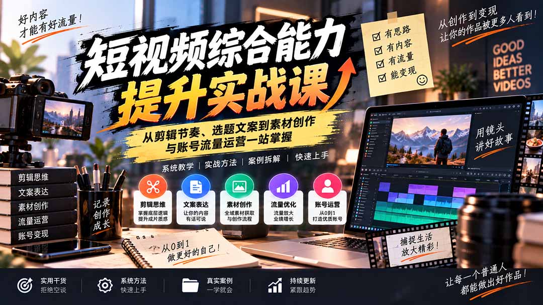 短视频综合能力提升实战课:从剪辑节奏、选题文案到素材创作与账号流量运营一站掌握-娜娜项目网