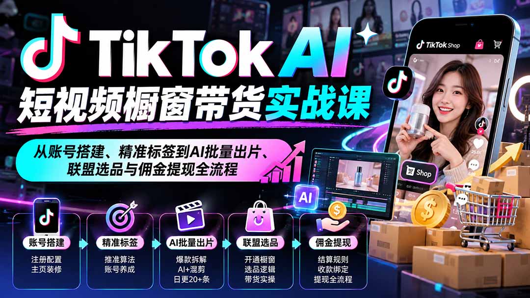 TikTok AI短视频橱窗带货实战课:从账号搭建、精准标签到AI批量出片、联盟选品与佣金提现全流程-娜娜项目网