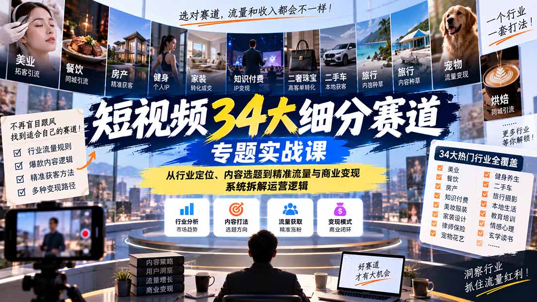 短视频34大细分赛道专题实战课：从行业定位、内容选题到精准流量与商业变现，系统拆解运营逻辑-娜娜项目网