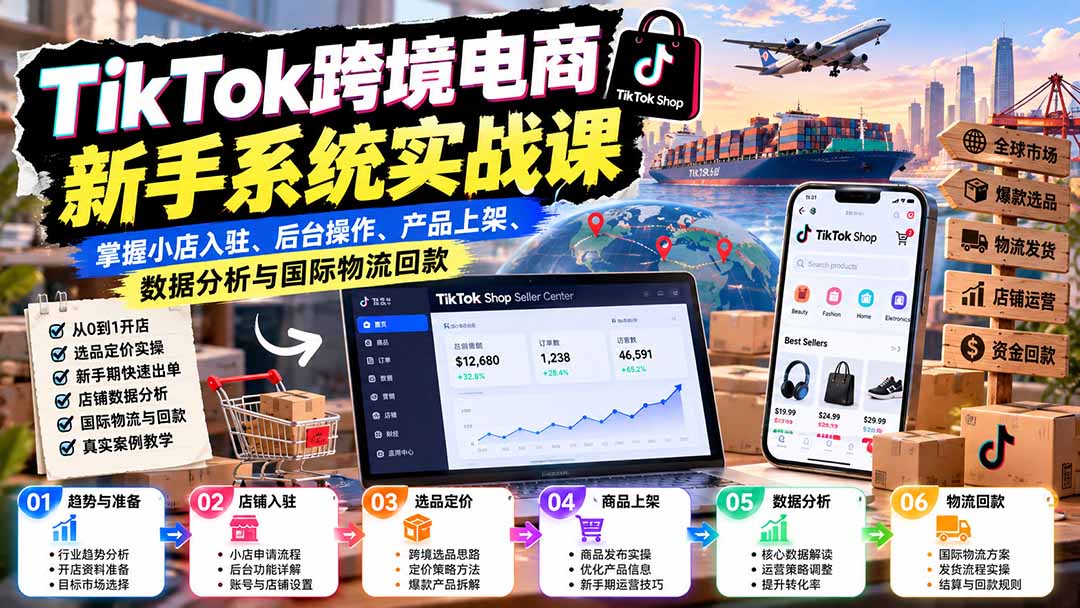 TikTok跨境电商新手系统实战课:掌握小店入驻、后台操作、产品上架、数据分析与国际物流回款-娜娜项目网