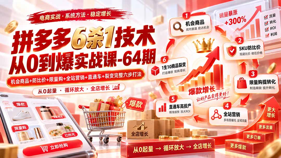 拼多多6杀1技术从0到爆实战课-64期:机会商品+防比价+限量购+全站营销+直通车+裂变完整六步打法-娜娜项目网