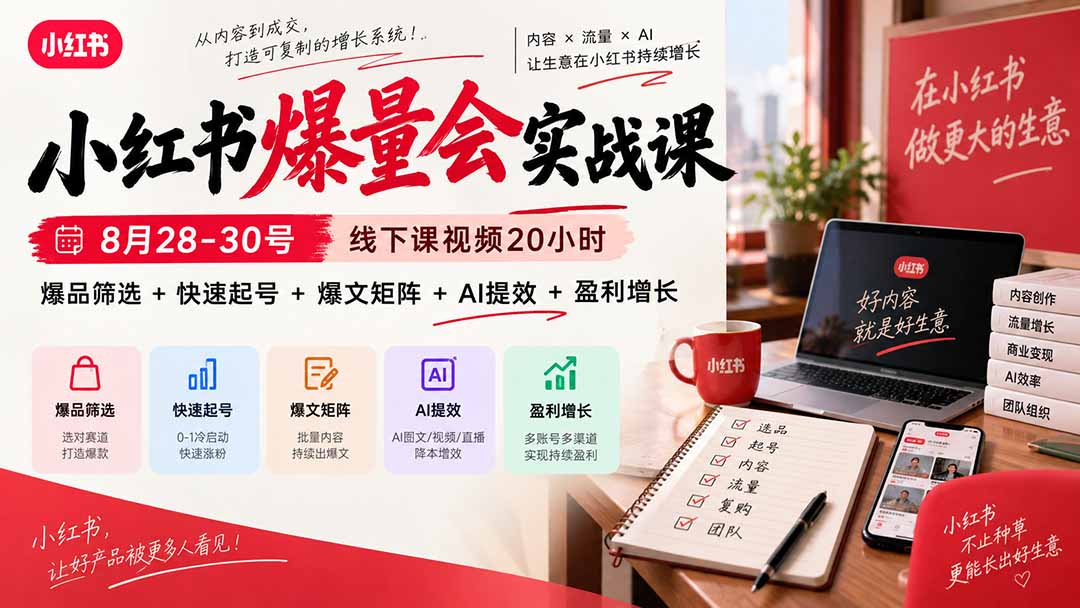 小红书爆量会实战课:8月28-30号线下课视频20小时,爆品筛选+快速起号+爆文矩阵+AI提效+盈利增长-娜娜项目网