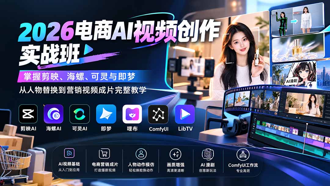 2026电商AI视频创作实战班:掌握剪映、海螺、可灵与即梦,从人物替换到营销视频成片完整教学-娜娜项目网