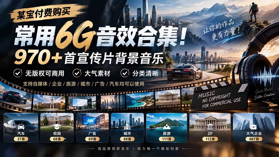 某宝付费购买,常用6G音效合集!970+首宣传片背景音乐,无版权可商用大气素材,分类清晰-娜娜项目网
