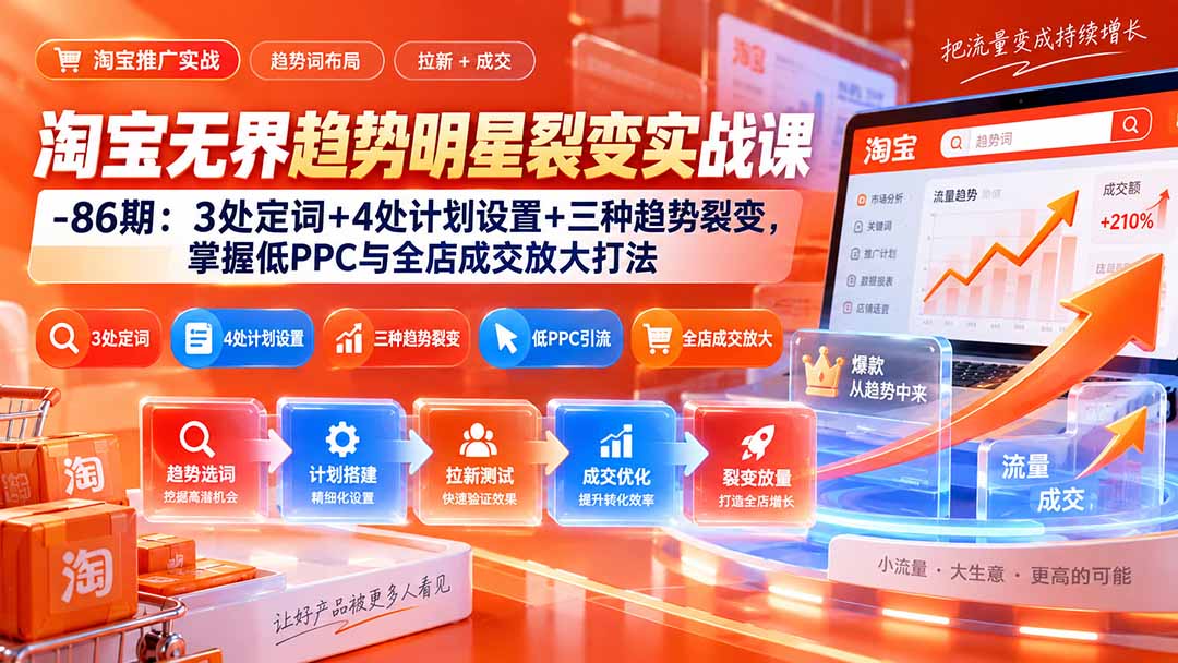淘宝无界趋势明星裂变实战课-86期:3处定词+4处计划设置+三种趋势裂变,掌握低PPC与全店成交放大打法-娜娜项目网