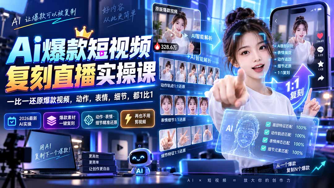 最新Ai爆款短视频复刻直播实操课,一比一还原爆款视频,动作,表情,细节,都1比1-娜娜项目网