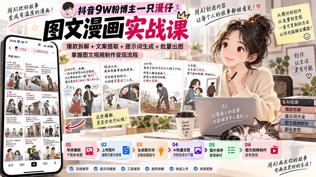 抖音9W粉博主一只漫仔图文漫画课：爆款拆解+文案提取+提示词生成+批量出图，掌握图文视频制作变现流程-娜娜项目网
