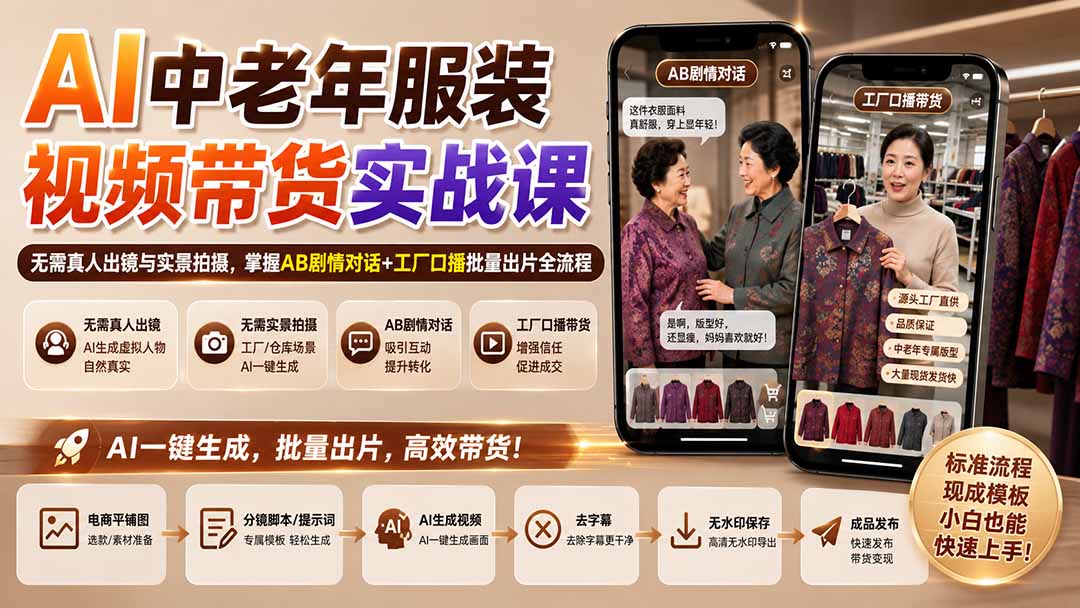 AI中老年服装视频带货实战课：无需真人出镜与实景拍摄，掌握AB剧情对话+工厂口播批量出片全流程-娜娜项目网