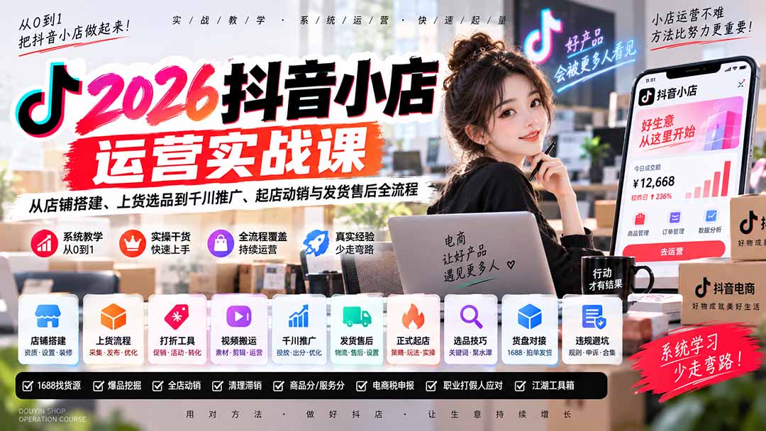 2026抖音小店运营实战课|从店铺搭建、上货选品到千川推广、起店动销与发货售后全流程-娜娜项目网