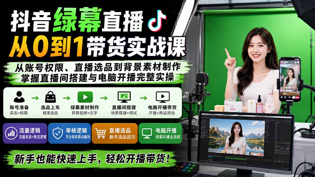 抖音绿幕直播从0到1带货实战课:从账号权限、直播选品到背景素材制作,掌握直播间搭建与电脑开播完整实操-娜娜项目网