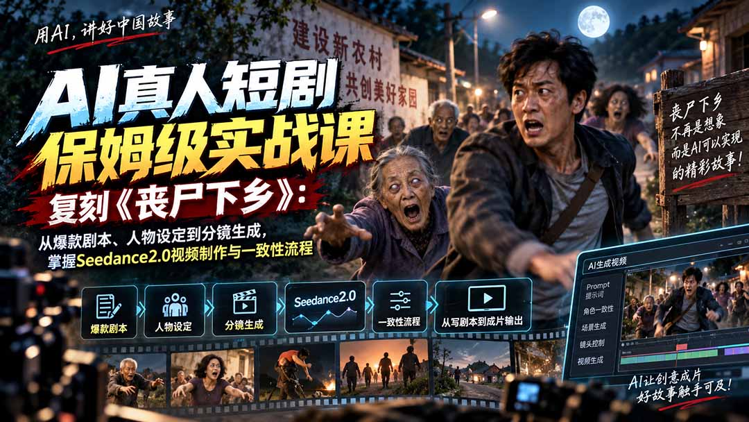 AI真人短剧保姆级实战课,复刻《丧尸下乡》:从爆款剧本、人物设定到分镜生成,掌握Seedance2.0视频制作与一致性流程-娜娜项目网