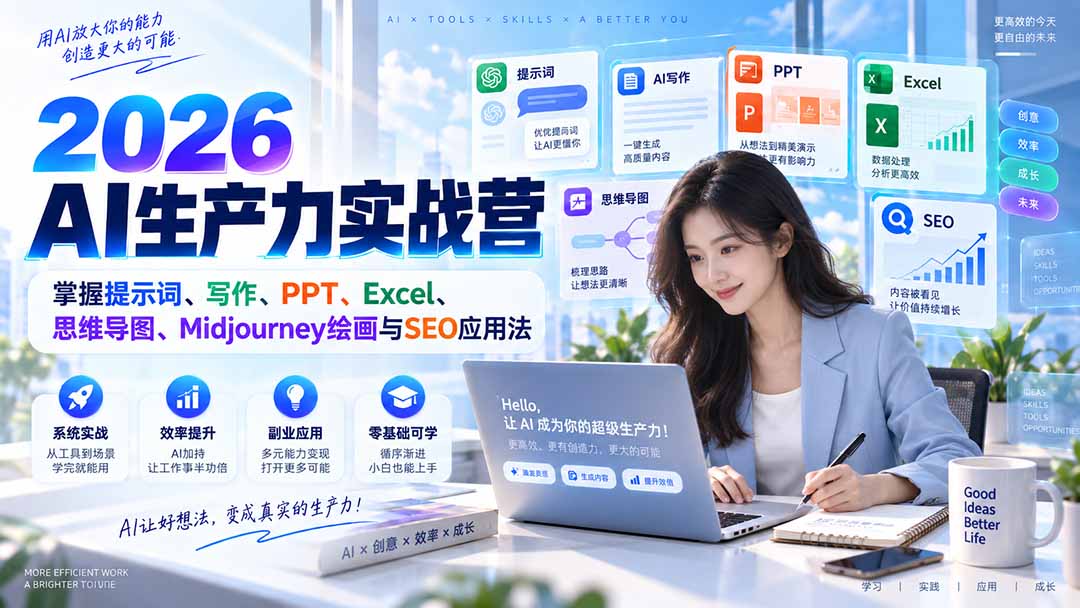 2026AI生产力实战营:掌握提示词、写作、PPT、Excel、思维导图、Midjourney绘画与SEO应用法-娜娜项目网