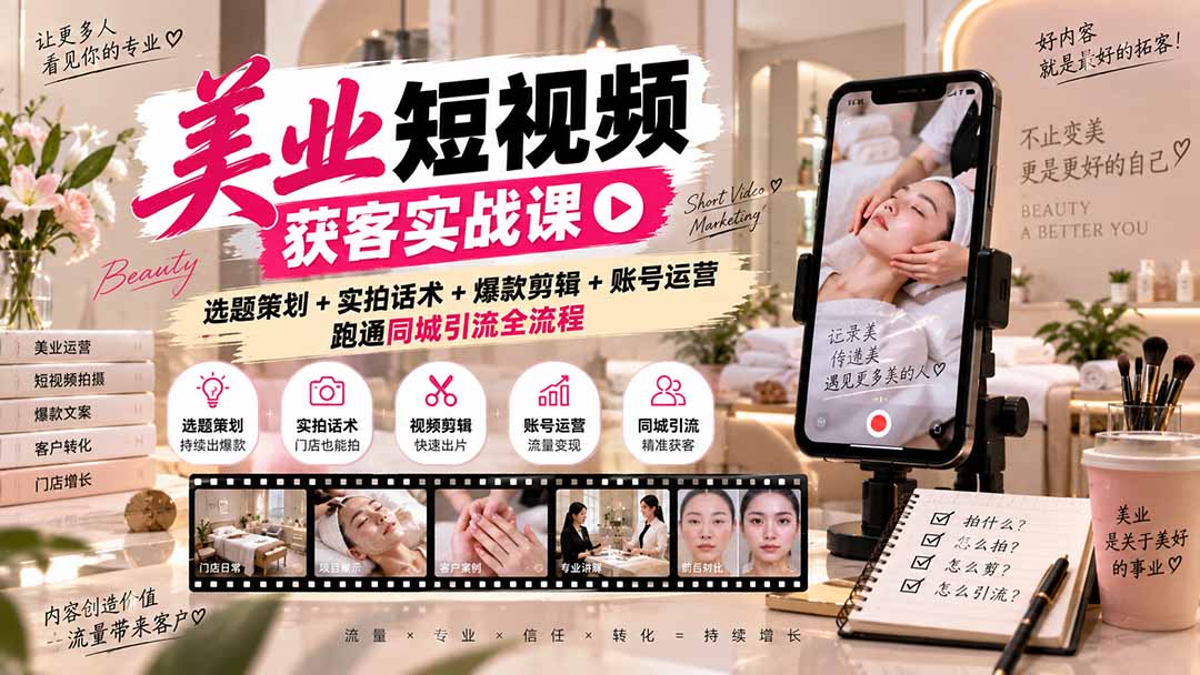 美业短视频获客实战课-无水印：选题策划+实拍话术+爆款剪辑+账号运营，跑通同城引流全流程-娜娜项目网