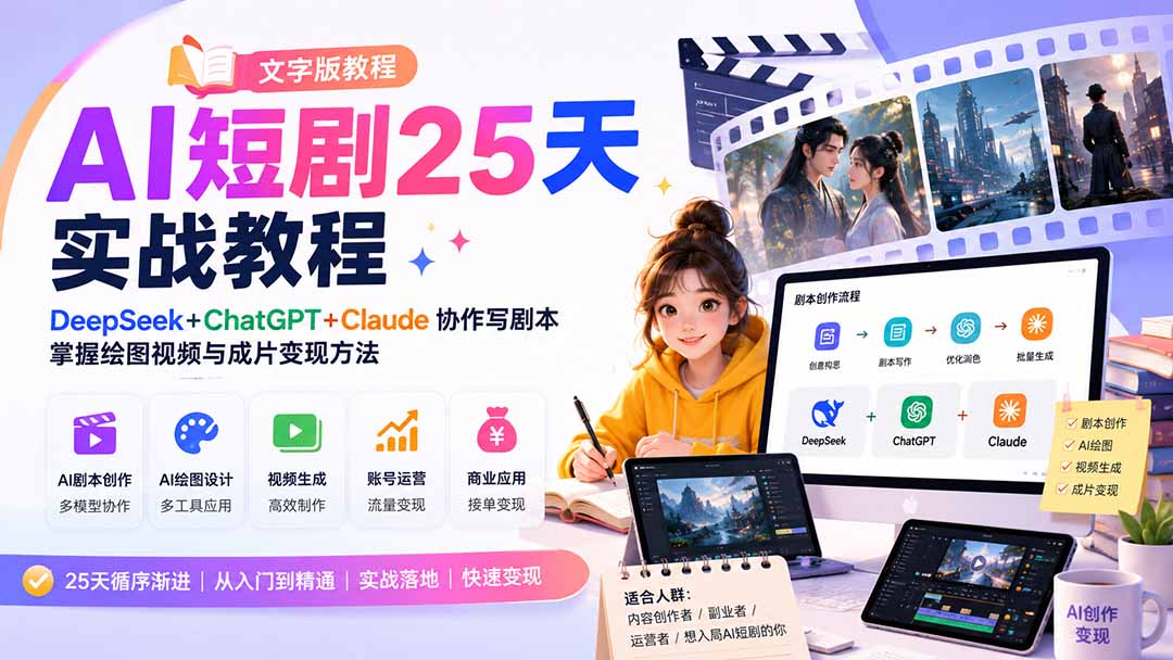 AI短剧25天实战教程(文字版教程):DeepSeek+ChatGPT+Claude协作写剧本,掌握绘图视频与成片变现方法-娜娜项目网