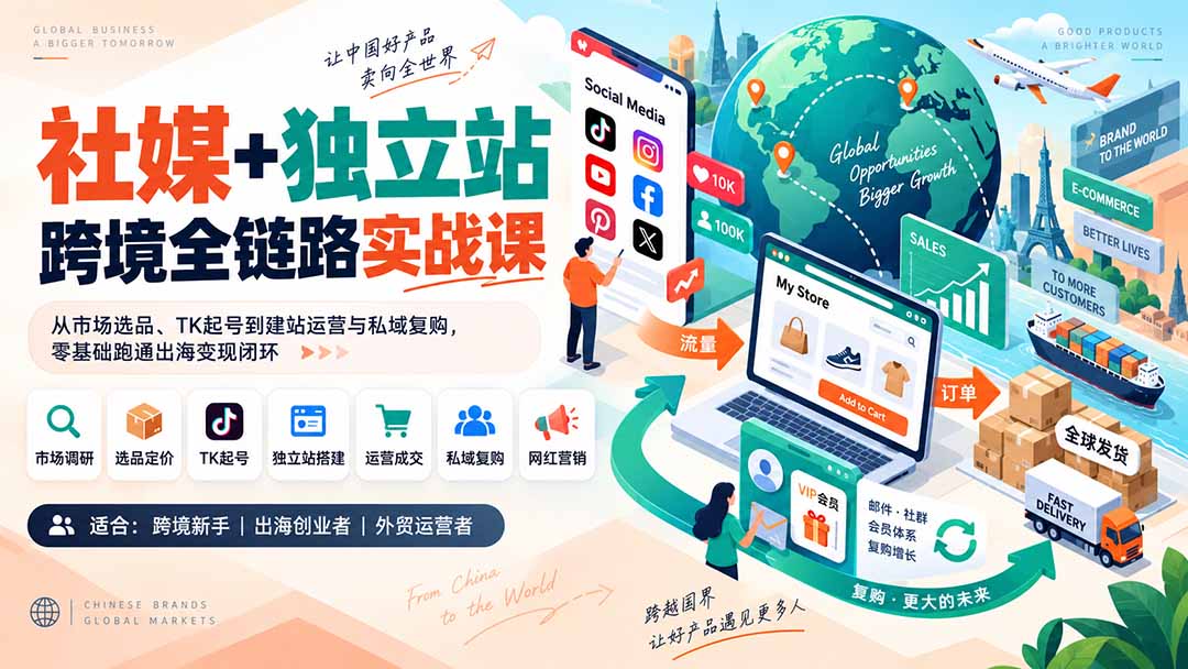 社媒+独立站跨境全链路实战课:从市场选品、TK起号到建站运营与私域复购,零基础跑通出海变现闭环-娜娜项目网