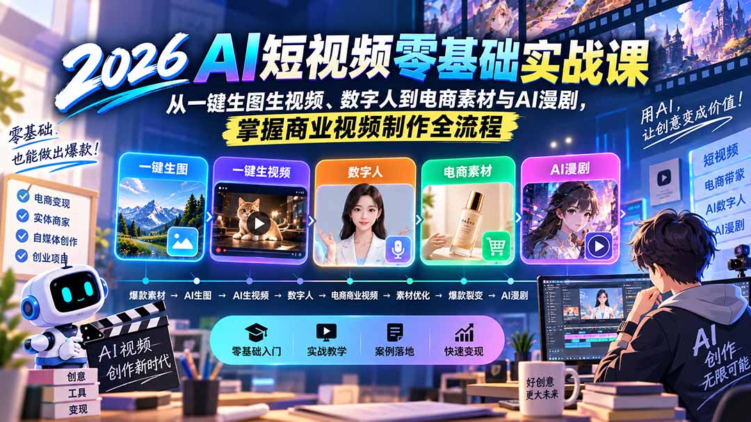 2026AI短视频零基础实战课:从一键生图生视频、数字人到电商素材与AI漫剧,掌握商业视频制作全流程-娜娜项目网