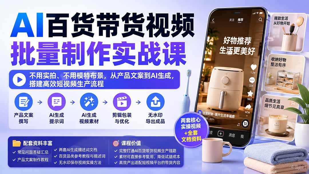 AI百货带货视频批量制作实战课:不用实拍、不用模特布景,从产品文案到AI生成,搭建高效短视频生产流程-娜娜项目网