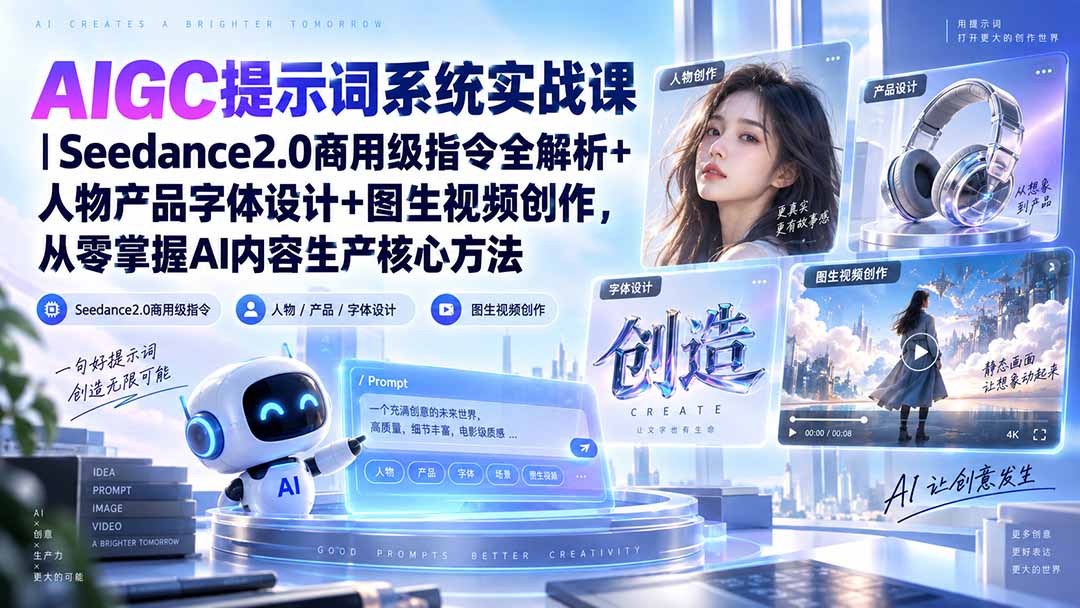 AIGC提示词系统实战课-无水印｜Seedance2.0商用级指令全解析+人物产品字体设计+图生视频创作，掌握AI内容生产方法-娜娜项目网