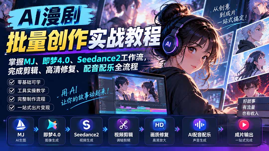AI漫剧批量创作实战教程：掌握MJ、即梦4.0、Seedance2工作流，完成剪辑、高清修复、配音配乐全流程-娜娜项目网