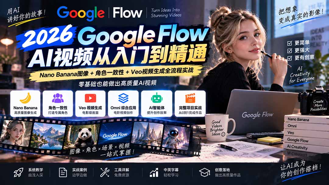 【无水印】Google Flow AI视频从入门到精通:Nano Banana图像+角色一致性+Veo视频生成全流程实战-精翻中英字幕-娜娜项目网