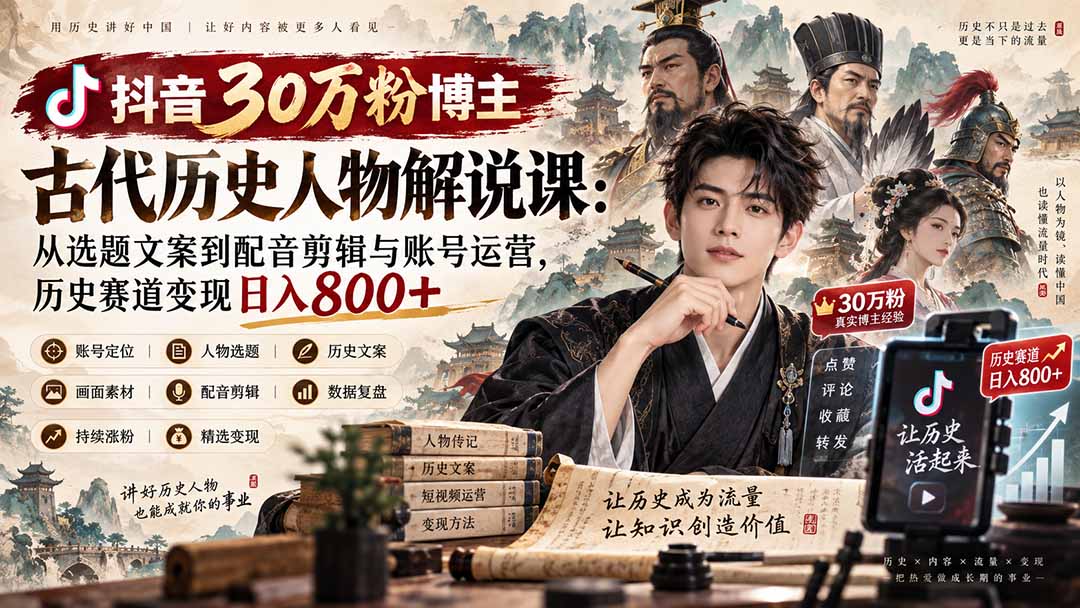 抖音30万粉博主古代历史人物解说课:从选题文案到配音剪辑与账号运营,历史赛道变现日入800+-娜娜项目网